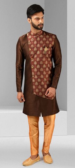 Beige and Brown color IndoWestern Dress in Art Silk fabric with Printed work