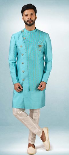 Blue color IndoWestern Dress in Art Silk fabric with Printed work