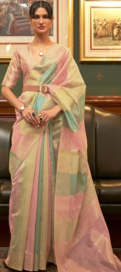 Multicolor color Saree in Organza Silk, Silk fabric with Sequence, Weaving work