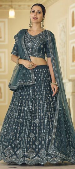 Blue color Lehenga in Net fabric with Embroidered, Mirror work