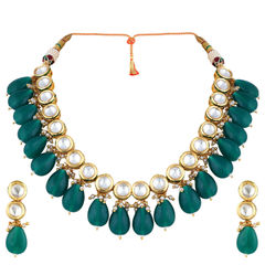 Gold Rodium Polish Blue color Necklace in Metal Alloy studded with Kundan, Pearl