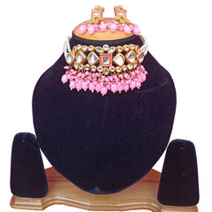 Gold Rodium Polish Pink and Majenta color Necklace in Metal Alloy studded with Kundan