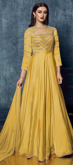 Party Wear Yellow color Gown in Satin Silk fabric with Embroidered, Mirror work : 1786373