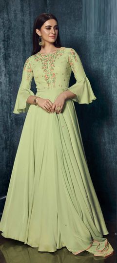 Party Wear Green color Gown in Satin Silk fabric with Resham, Thread work : 1786374