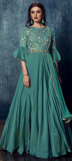 Party Wear Blue color Gown in Satin Silk fabric with Sequence work : 1786376