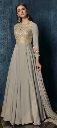 Party Wear Black and Grey color Gown in Satin Silk fabric with Embroidered, Zari work : 1786379