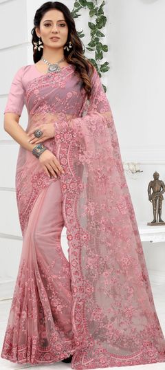 Pink and Majenta color Saree in Net fabric with Embroidered, Resham, Zari work