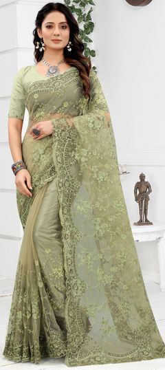 Green color Saree in Net fabric with Embroidered, Resham, Zari work