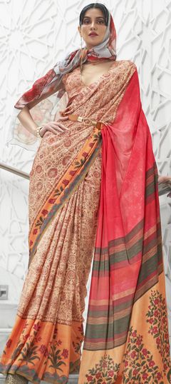 Beige and Brown color Saree in Crepe Silk, Silk fabric with Digital Print, Floral work