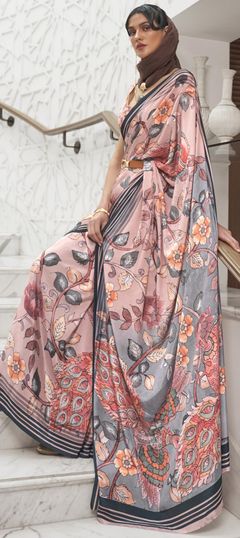 Pink and Majenta color Saree in Crepe Silk, Silk fabric with Digital Print, Floral work