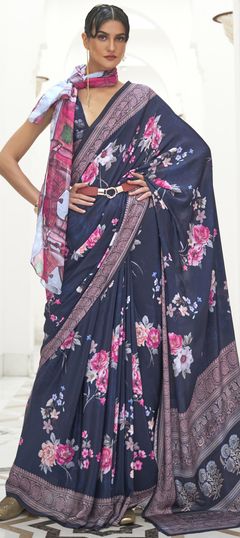 Blue color Saree in Crepe Silk, Silk fabric with Digital Print, Floral work