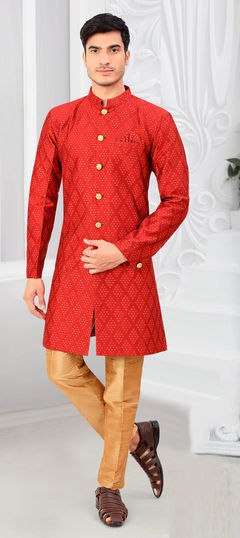 Red and Maroon color IndoWestern Dress in Jacquard fabric with Weaving work