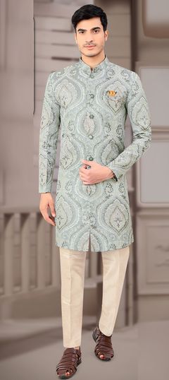 Green color IndoWestern Dress in Jacquard fabric with Weaving work