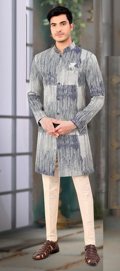 Blue color IndoWestern Dress in Jacquard fabric with Printed work