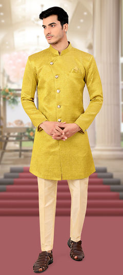 Yellow color IndoWestern Dress in Rayon fabric with Thread work