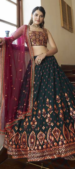 Bollywood, Wedding Green color Lehenga in Georgette fabric with A Line Embroidered, Gota Patti, Sequence, Thread work : 1786950