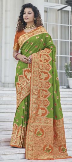 Green color Saree in Banarasi Silk, Silk fabric with Weaving, Zari work