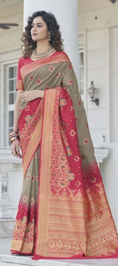 Black and Grey color Saree in Banarasi Silk, Silk fabric with Weaving, Zari work