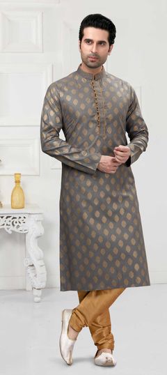 Black and Grey color Kurta Pyjamas in Cotton fabric with Printed work