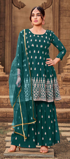 Blue color Salwar Kameez in Georgette fabric with Embroidered, Thread work