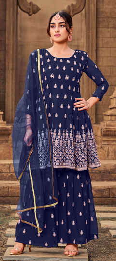 Blue color Salwar Kameez in Georgette fabric with Embroidered, Thread work