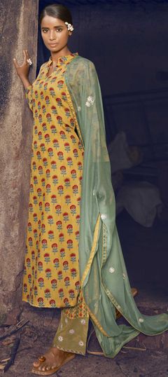 Yellow color Salwar Kameez in Cotton fabric with Digital Print, Embroidered, Floral, Resham work