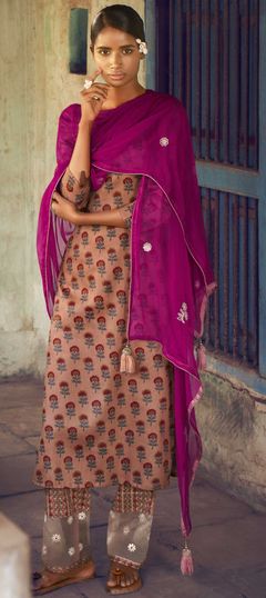 Beige and Brown color Salwar Kameez in Cotton fabric with Digital Print, Embroidered, Floral, Resham work