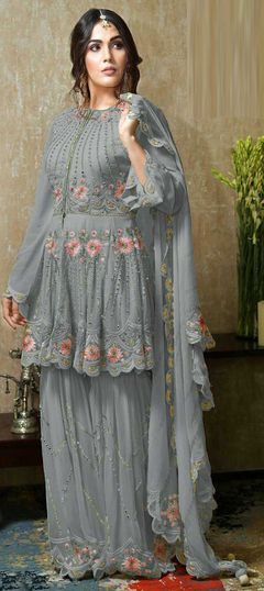 Black and Grey color Salwar Kameez in Georgette fabric with Embroidered, Mirror, Resham, Thread work