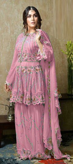 Pink and Majenta color Salwar Kameez in Georgette fabric with Embroidered, Mirror, Resham, Thread work