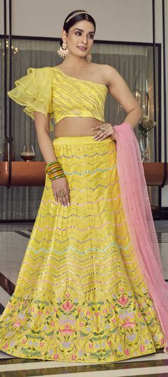 Yellow color Lehenga in Art Silk fabric with Foil Print, Mirror, Thread work