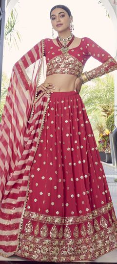 Red and Maroon color Lehenga in Georgette fabric with Gota Patti, Zari work