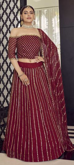 Red and Maroon color Lehenga in Georgette fabric with Sequence, Thread, Zari work