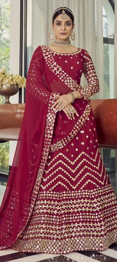 Red and Maroon color Lehenga in Georgette fabric with Foil Print, Mirror, Thread work