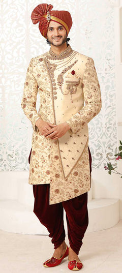 Beige and Brown, Gold color Sherwani in Silk fabric with Bugle Beads, Cut Dana, Stone, Thread, Weaving work