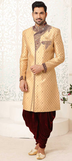 Gold color Sherwani in Brocade fabric with Bugle Beads, Stone, Thread, Weaving work