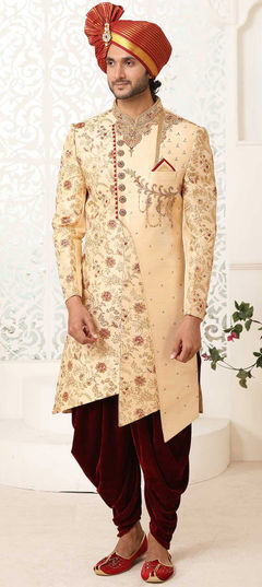 Gold color Sherwani in Silk fabric with Bugle Beads, Patch, Stone, Thread, Weaving work