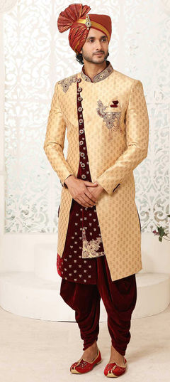 Gold color Sherwani in Brocade fabric with Bugle Beads, Patch, Stone, Thread, Weaving work