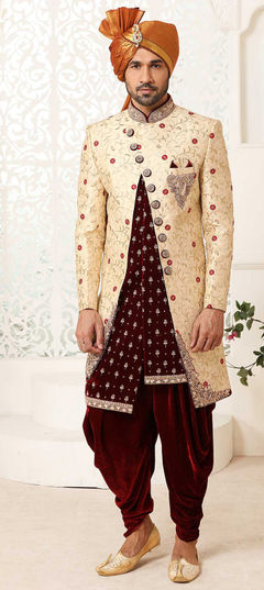 Beige and Brown, Gold color Sherwani in Brocade fabric with Bugle Beads, Patch, Stone, Thread, Weaving work