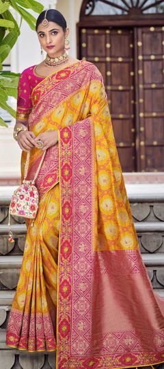 Yellow color Saree in Banarasi Silk, Silk fabric with Weaving work