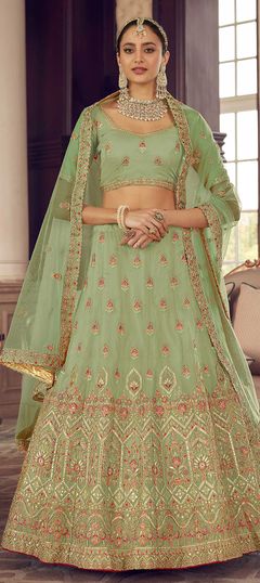 Green color Lehenga in Organza Silk fabric with Gota Patti, Thread, Zircon work