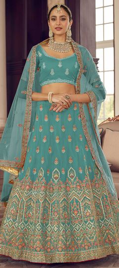 Blue color Lehenga in Organza Silk fabric with Gota Patti, Thread, Zircon work