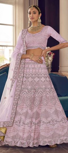 Pink and Majenta color Lehenga in Crepe Silk fabric with Thread, Zari, Zircon work