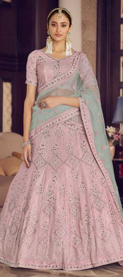 Pink and Majenta color Lehenga in Crepe Silk fabric with Sequence, Thread, Zircon work