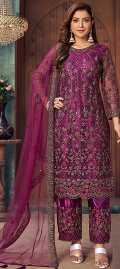 Pink and Majenta color Salwar Kameez in Net fabric with Sequence, Thread work