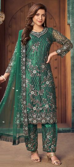 Blue color Salwar Kameez in Net fabric with Sequence, Thread work