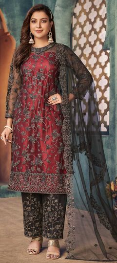 Black and Grey color Salwar Kameez in Net fabric with Sequence, Thread work