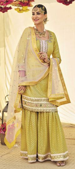 Yellow color Salwar Kameez in Faux Georgette fabric with Embroidered, Resham, Stone, Thread work