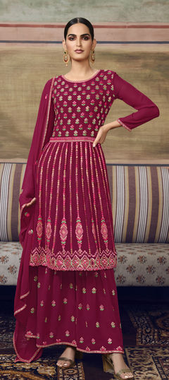 Pink and Majenta color Salwar Kameez in Georgette fabric with Embroidered, Thread work
