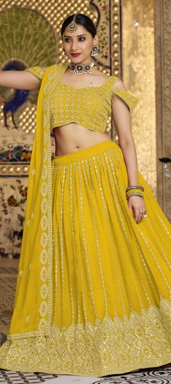 Festive, Party Wear Yellow color Lehenga in Georgette fabric with Classic Embroidered, Thread, Zari work : 1788514