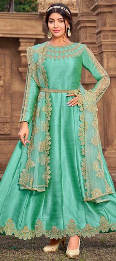 Green color Salwar Kameez in Silk fabric with Embroidered, Thread work